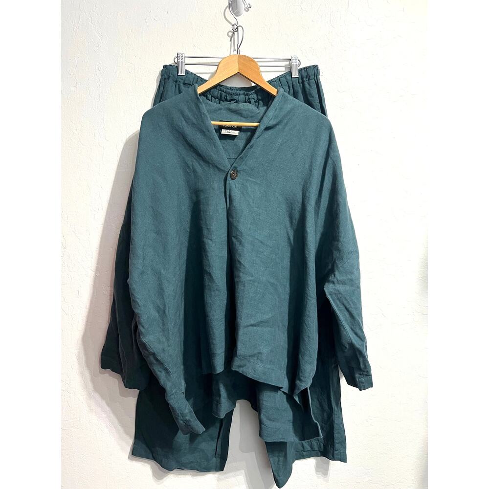 Eskanar Top Sz 1 Pants Sz 3 2pc Set XL Linen Dark Green Button Laganlook